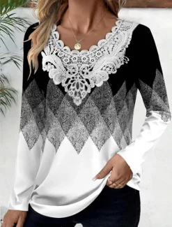 Clearance Women's Blouse Tunic Lace Splicing V Neck Long Sleeve Butterfly Abstract Lace Patchwork Print Regular Tops Round Neck Casual Black White Blue Khaki Gray Spring & Fall Prefall Women Tunic Tops