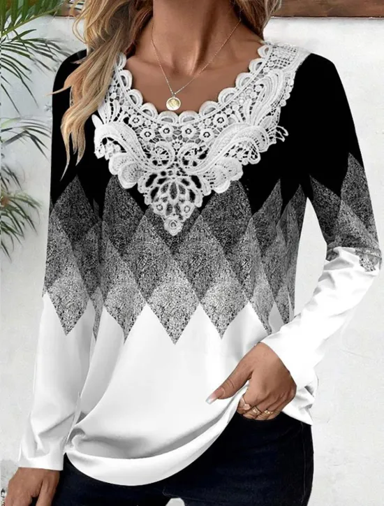 Clearance Women's Blouse Tunic Lace Splicing V Neck Long Sleeve Butterfly Abstract Lace Patchwork Print Regular Tops Round Neck Casual Black White Blue Khaki Gray Spring & Fall Prefall Women Tunic Tops