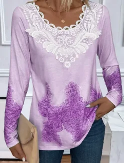 Online Women's Blouse Tunic Lace Splicing V Neck Long Sleeve Graphic Geometric Casual Crew Neck Regular Tops Daily Lace Pink Blue Purple Green Spring Fall Women T-Shirts