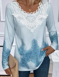 Online Women's Blouse Tunic Lace Splicing V Neck Long Sleeve Graphic Geometric Casual Crew Neck Regular Tops Daily Lace Pink Blue Purple Green Spring Fall Women T-Shirts