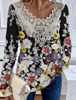 New Women's Blouse Tunic Lace Splicing V Neck Long Sleeve Floral Lace Print Regular Tops Casual Holiday Black White Yellow Pink Red Spring & Fall Prefall Women Tunic Tops