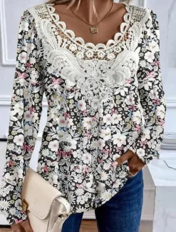 New Women's Blouse Tunic Lace Splicing V Neck Long Sleeve Floral Lace Print Regular Tops Casual Holiday Black White Yellow Pink Red Spring & Fall Prefall Women Tunic Tops