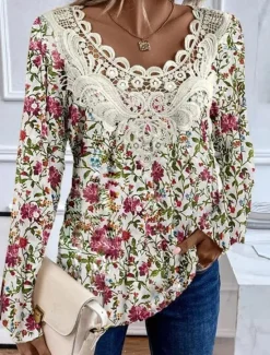 New Women's Blouse Tunic Lace Splicing V Neck Long Sleeve Floral Lace Print Regular Tops Casual Holiday Black White Yellow Pink Red Spring & Fall Prefall Women Tunic Tops