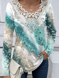 New Women's Blouse Tunic Lace Splicing V Neck Long Sleeve Floral Lace Print Regular Tops Casual Holiday Black White Yellow Pink Red Spring & Fall Prefall Women Tunic Tops