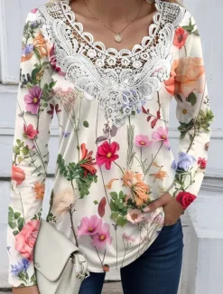 New Women's Blouse Tunic Lace Splicing V Neck Long Sleeve Floral Lace Print Regular Tops Casual Holiday Black White Yellow Pink Red Spring & Fall Prefall Women Tunic Tops