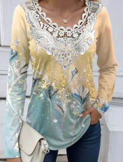 New Women's Blouse Tunic Lace Splicing V Neck Long Sleeve Floral Lace Print Regular Tops Casual Holiday Black White Yellow Pink Red Spring & Fall Prefall Women Tunic Tops