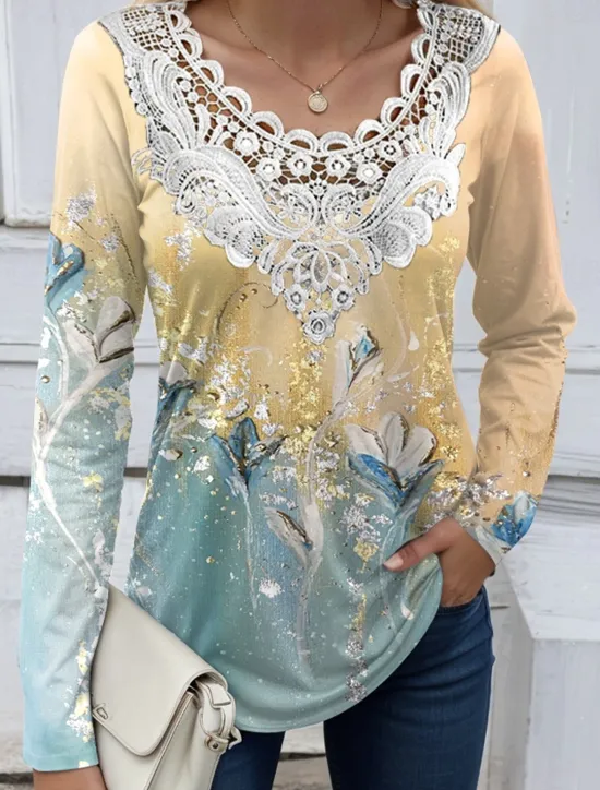 New Women's Blouse Tunic Lace Splicing V Neck Long Sleeve Floral Lace Print Regular Tops Casual Holiday Black White Yellow Pink Red Spring & Fall Prefall Women Tunic Tops