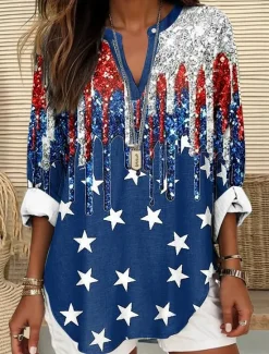 Outlet Women's Blouse Tunic V Neck Long Sleeve Boho Casual Patriotic Graphic Flag Vintage Tropical Regular Tops Daily Wear Print Women Independence Day Top