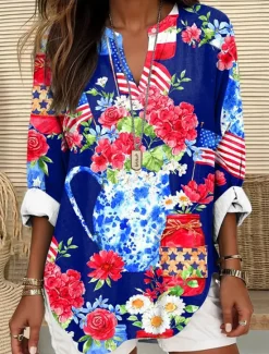 Outlet Women's Blouse Tunic V Neck Long Sleeve Boho Casual Patriotic Graphic Flag Vintage Tropical Regular Tops Daily Wear Print Women Independence Day Top