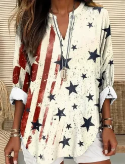 Outlet Women's Blouse Tunic V Neck Long Sleeve Boho Casual Patriotic Graphic Flag Vintage Tropical Regular Tops Daily Wear Print Women Independence Day Top
