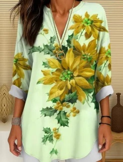 Women's Blouse Tunic V Neck Long Sleeve Boho Casual Floral Graphic Vintage Tropical Regular Tops Daily Wear Print Yellow Red Blue Purple Green Winter Women Blouses & Shirts