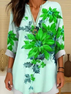 Women's Blouse Tunic V Neck Long Sleeve Boho Casual Floral Graphic Vintage Tropical Regular Tops Daily Wear Print Yellow Red Blue Purple Green Winter Women Blouses & Shirts