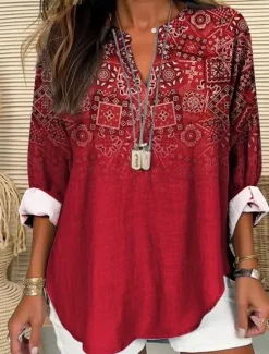 Best Women's Blouse Tunic V Neck Long Sleeve Boho Casual Cotton Linen Floral Basic Regular Tops Daily Buttons Print Pink Red Navy Blue Blue Purple Women Boho Tops