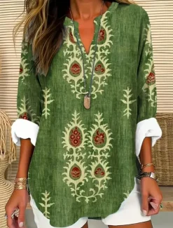 Sale Women's Blouse Tunic V Neck Long Sleeve Boho Casual Tops Floral Graphic Vintage Tropical Regular Tops Daily Wear Print Blue Orange Green Women Boho Tops
