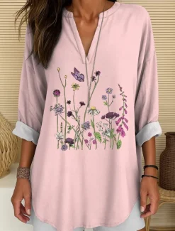 Online Women's Blouse Tunic V Neck Long Sleeve Boho Casual Tops Floral Graphic Vintage Tropical Regular Tops Daily Wear Print White Pink Blue Purple Women Blouses & Shirts