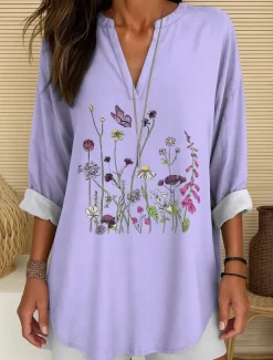 Online Women's Blouse Tunic V Neck Long Sleeve Boho Casual Tops Floral Graphic Vintage Tropical Regular Tops Daily Wear Print White Pink Blue Purple Women Blouses & Shirts