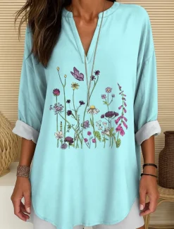 Online Women's Blouse Tunic V Neck Long Sleeve Boho Casual Tops Floral Graphic Vintage Tropical Regular Tops Daily Wear Print White Pink Blue Purple Women Blouses & Shirts