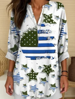 Women's Blouse Tunic V Neck Long Sleeve Boho Casual Patriotic Graphic Flag Vintage Tropical Regular Tops Daily Wear Print Red Blue Purple Women Independence Day Top