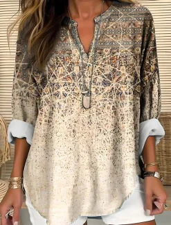 New Women's Blouse Tunic V Neck Long Sleeve Boho Casual Tops Graphic Paisley Vintage Tropical Regular Tops Daily Wear Print Blue Khaki Women Boho Tops