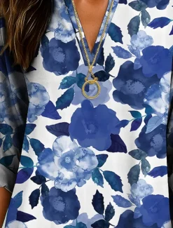 Outlet Women's Blouse Tunic V Neck Long Sleeve Boho Casual Floral Graphic Vintage Tropical Regular Tops Daily Wear Print Yellow Red Blue Purple Green Women Blouses & Shirts