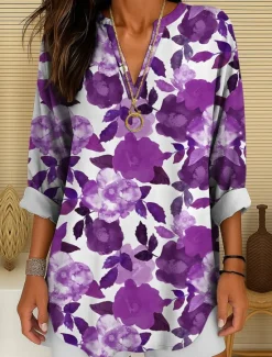 Outlet Women's Blouse Tunic V Neck Long Sleeve Boho Casual Floral Graphic Vintage Tropical Regular Tops Daily Wear Print Yellow Red Blue Purple Green Women Blouses & Shirts