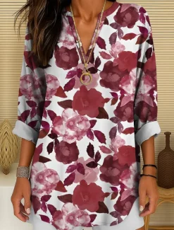 Outlet Women's Blouse Tunic V Neck Long Sleeve Boho Casual Floral Graphic Vintage Tropical Regular Tops Daily Wear Print Yellow Red Blue Purple Green Women Blouses & Shirts
