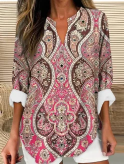 Discount Women's Blouse Tunic V Neck Long Sleeve Boho Casual Tops Graphic Geometric Vintage Tropical Regular Tops Daily Wear Print Women Boho Tops