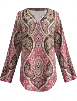 Discount Women's Blouse Tunic V Neck Long Sleeve Boho Casual Tops Graphic Geometric Vintage Tropical Regular Tops Daily Wear Print Women Boho Tops