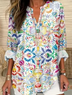 Sale Women's Blouse Tunic V Neck Long Sleeve Boho Casual Graphic Geometric Elegant Daily Regular Tops Daily Print Black Yellow Red Blue Gold Women Boho Tops