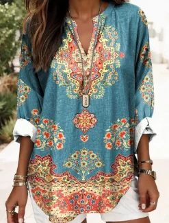Sale Women's Blouse Tunic V Neck Long Sleeve Boho Casual Graphic Geometric Elegant Daily Regular Tops Daily Print Black Yellow Red Blue Gold Women Boho Tops