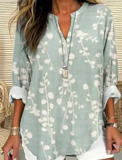 Hot Women's Blouse Tunic V Neck Long Sleeve Boho Casual Tops Floral Graphic Leaves Bohemia Vintage Tropical Regular Tops Daily Wear Print Sage Green Red Navy Blue Dusty Blue Brown Women Blouses & Shirts
