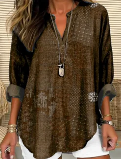 Hot Women's Blouse Tunic V Neck Long Sleeve Boho Casual Tops Floral Graphic Leaves Bohemia Vintage Tropical Regular Tops Daily Wear Print Sage Green Red Navy Blue Dusty Blue Brown Women Blouses & Shirts