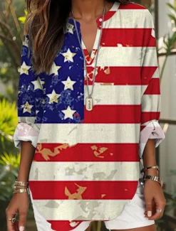 New Women's Blouse Tunic V Neck Long Sleeve Boho Casual Patriotic Graphic Flag Stylish Modern Regular Tops Daily Print Black Wine Red Blue Dusty Blue Women Independence Day Top