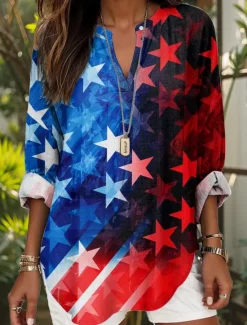 New Women's Blouse Tunic V Neck Long Sleeve Boho Casual Patriotic Graphic Flag Stylish Modern Regular Tops Daily Print Black Wine Red Blue Dusty Blue Women Independence Day Top