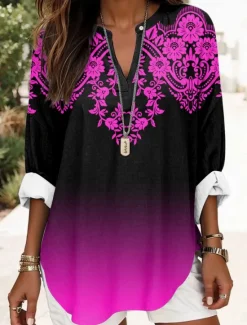 Outlet Women's Blouse Tunic V Neck Long Sleeve Boho Casual Ombre Graphic Geometric Elegant Daily Regular Tops Daily Print White Red Blue Purple Women Boho Tops
