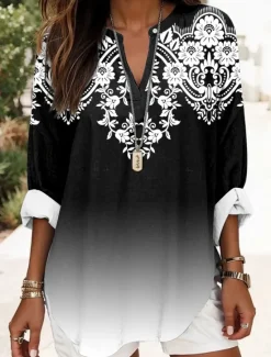 Outlet Women's Blouse Tunic V Neck Long Sleeve Boho Casual Ombre Graphic Geometric Elegant Daily Regular Tops Daily Print White Red Blue Purple Women Boho Tops