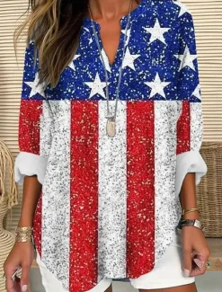 Best Women's Blouse Tunic V Neck Long Sleeve Boho Casual Patriotic Graphic Flag Vintage Tropical Regular Tops Daily Wear Print Red Blue Women Independence Day Top