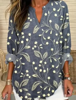 Hot Women's Blouse Tunic V Neck Long Sleeve Boho Casual Tops Floral Graphic Leaf Vintage Tropical Regular Tops Daily Wear Print Navy Blue Orange Women Blouses & Shirts