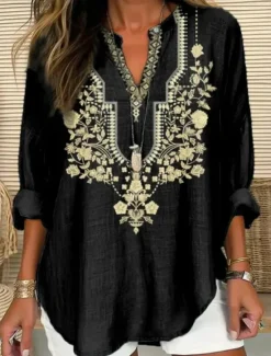 Discount Women's Blouse Tunic V Neck Long Sleeve Boho Casual Graphic Geometric Paisley Elegant Bohemia Vintage Regular Tops Daily Print Black Blue Light Grey Beige Women Boho Tops