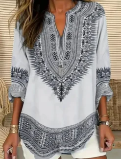Discount Women's Blouse Tunic V Neck Long Sleeve Boho Casual Graphic Geometric Paisley Elegant Bohemia Vintage Regular Tops Daily Print Black Blue Light Grey Beige Women Boho Tops