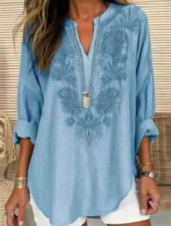 Discount Women's Blouse Tunic V Neck Long Sleeve Boho Casual Graphic Geometric Paisley Elegant Bohemia Vintage Regular Tops Daily Print Black Blue Light Grey Beige Women Boho Tops