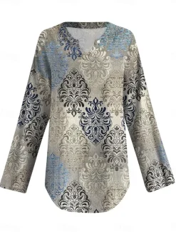 Clearance Women's Blouse Tunic V Neck Long Sleeve Boho Casual Tops Graphic Geometric Vintage Daily Regular Tops Daily Vacation Wear Print Women Boho Tops