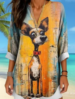 Best Women's Blouse Tunic V Neck Long Sleeve Boho Casual Summer Tops Graphic Animal Cat Vintage Tropical Regular Tops Daily Wear Print Yellow Red Orange Apricot Women Blouses & Shirts