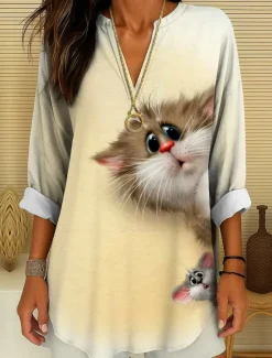Best Women's Blouse Tunic V Neck Long Sleeve Boho Casual Summer Tops Graphic Animal Cat Vintage Tropical Regular Tops Daily Wear Print Yellow Red Orange Apricot Women Blouses & Shirts