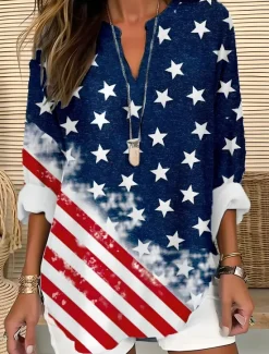 Online Women's Blouse Tunic V Neck Long Sleeve Boho Casual Patriotic Flag Red White And Blue Short Sleeve Regular Tops Daily Print Red Light Brown Blue Women Independence Day Top
