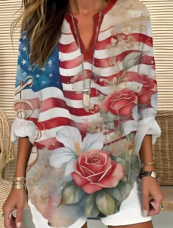 Online Women's Blouse Tunic V Neck Long Sleeve Boho Casual Patriotic Flag Red White And Blue Short Sleeve Regular Tops Daily Print Red Light Brown Blue Women Independence Day Top