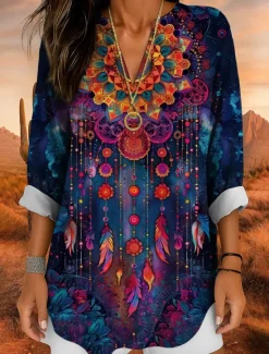 Discount Women's Blouse Tunic V Neck Long Sleeve Boho Casual Tops Ombre Graphic Bohemia Vintage Tropical Regular Tops Daily Wear Print Yellow Red Blue Purple Fuchsia Women Blouses & Shirts