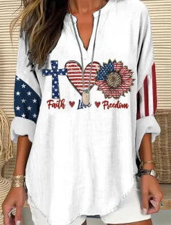 Hot Women's Blouse Tunic V Neck Long Sleeve Boho Casual Patriotic Graphic Flag Vintage Stylish Regular Tops Daily Women Independence Day Top