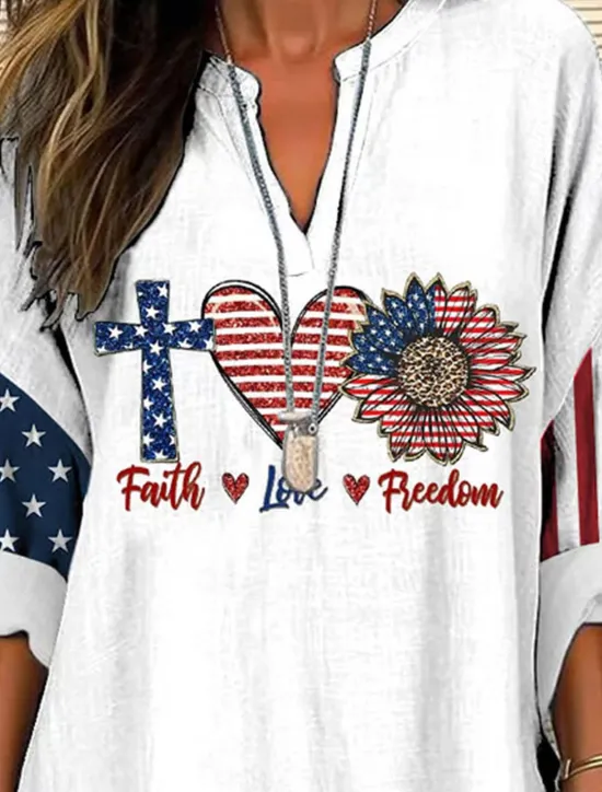Hot Women's Blouse Tunic V Neck Long Sleeve Boho Casual Patriotic Graphic Flag Vintage Stylish Regular Tops Daily Women Independence Day Top