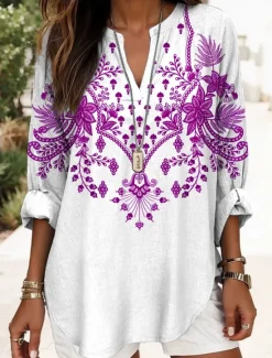 Online Women's Blouse Tunic V Neck Long Sleeve Boho Casual Tops Floral Graphic Vintage Regular Tops Daily Print White Red Royal Blue Purple Green Women Blouses & Shirts|Boho Tops